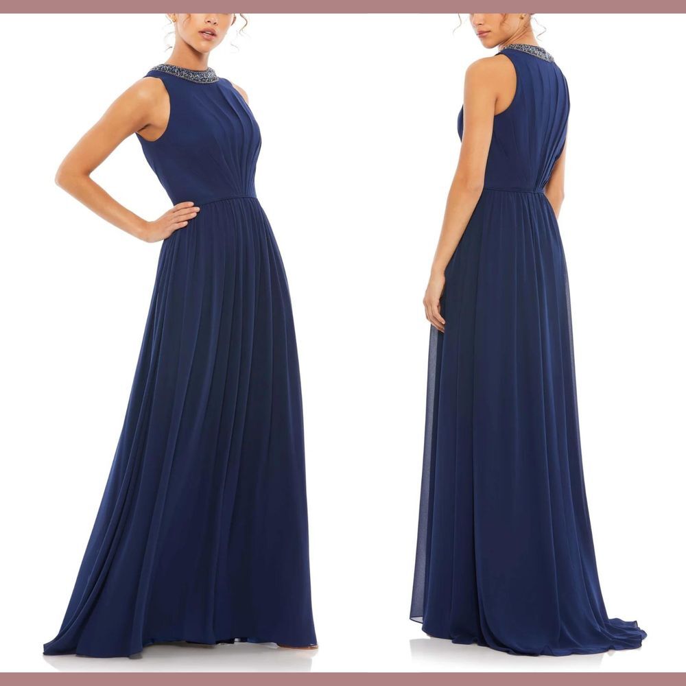 NWT $338 IEENA Mac Duggal‎ [ 6 ] Bejeweled Neckline Pleated Chiffon Gown #G1743